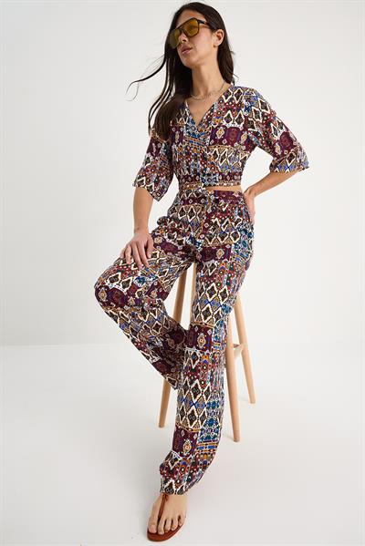 Kadın Desenli Crop Bluz Pantolon Takım 3052 60283353 - Bordo