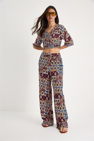 Kadın Desenli Crop Bluz Pantolon Takım 3052 60283353 - Bordo