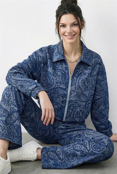Kadın Desenli Denim Görünümlü Cep Detaylı Astarlı Bomber Ceket Pantolon Takım 8080 60283983 - Mavi