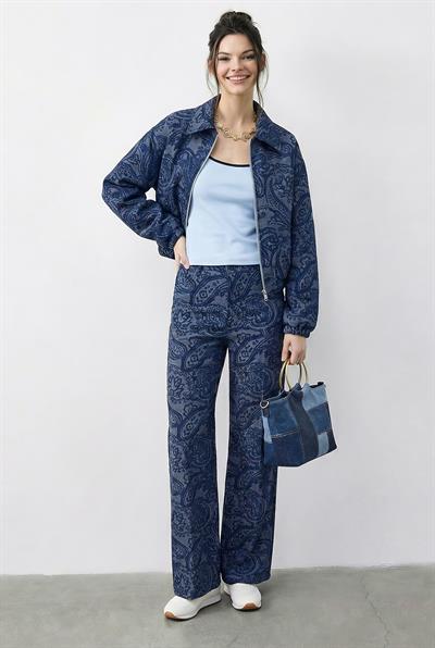 Kadın Desenli Denim Görünümlü Cep Detaylı Astarlı Bomber Ceket Pantolon Takım 8080 60283983 - Mavi