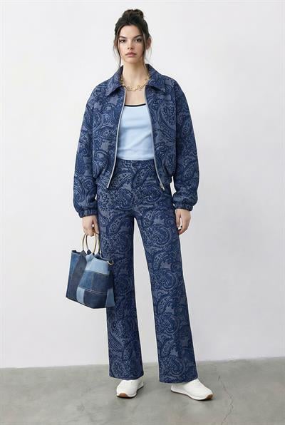Kadın Desenli Denim Görünümlü Cep Detaylı Astarlı Bomber Ceket Pantolon Takım 8080 60283983 - Mavi