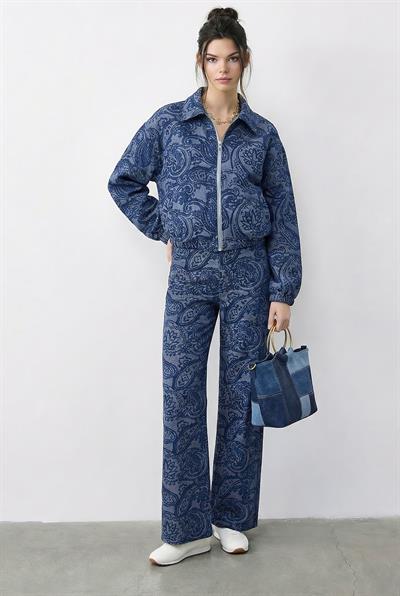 Kadın Desenli Denim Görünümlü Cep Detaylı Astarlı Bomber Ceket Pantolon Takım 8080 60283983 - Mavi
