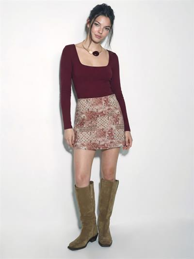 Kadın Desenli Denim Mini Etek DE251151 60283933 - Pudra