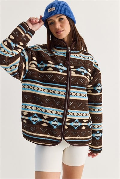 Kadın Desenli Dik Yaka Cep Detaylı Biyeli Fermuarlı Polar Sweatshirt 4219 60286646 - Kahverengi-Mavi