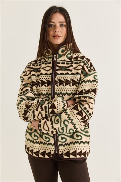 Kadın Desenli Dik Yaka Cep Detaylı Biyeli Fermuarlı Polar Sweatshirt 4219 60286646 - Krem-Yeşil