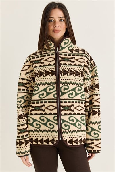 Kadın Desenli Dik Yaka Cep Detaylı Biyeli Fermuarlı Polar Sweatshirt 4219 60286646 - Krem-Yeşil