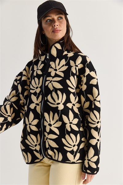 Kadın Desenli Dik Yaka Cep Detaylı Biyeli Fermuarlı Polar Sweatshirt 4219 60286646 - Siyah-Krem
