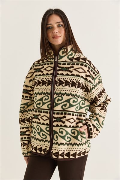 Kadın Desenli Dik Yaka Cep Detaylı Biyeli Fermuarlı Polar Sweatshirt 4219 60286646 - Krem-Yeşil