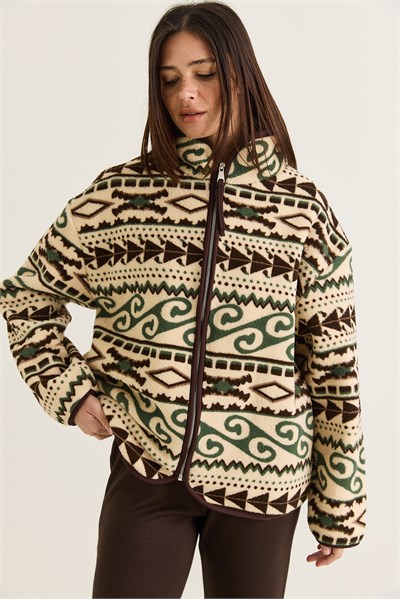 Kadın Desenli Dik Yaka Cep Detaylı Biyeli Fermuarlı Polar Sweatshirt 4219 60286646 - Krem-Yeşil