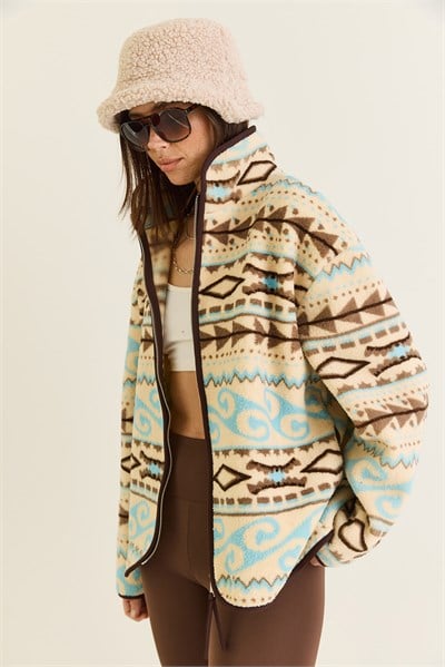 Kadın Desenli Dik Yaka Cep Detaylı Biyeli Fermuarlı Polar Sweatshirt 4219 60286646 - Krem-Kahverengi