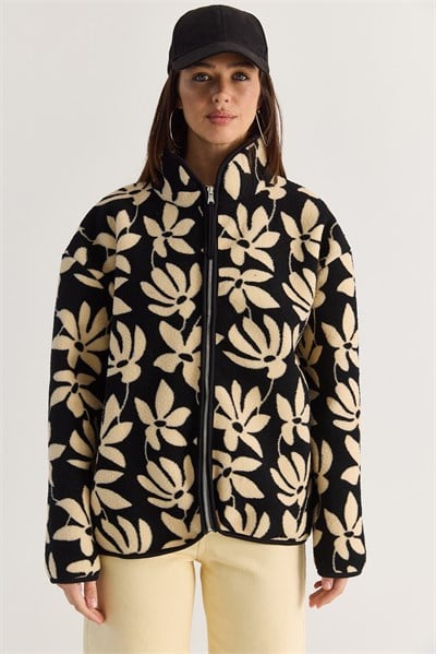 Kadın Desenli Dik Yaka Cep Detaylı Biyeli Fermuarlı Polar Sweatshirt 4219 60286646 - Siyah-Krem