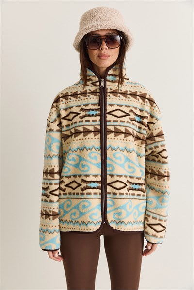 Kadın Desenli Dik Yaka Cep Detaylı Biyeli Fermuarlı Polar Sweatshirt 4219 60286646 - Krem-Kahverengi