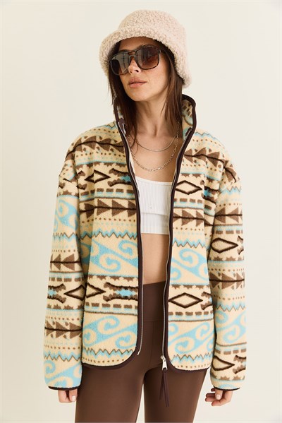Kadın Desenli Dik Yaka Cep Detaylı Biyeli Fermuarlı Polar Sweatshirt 4219 60286646 - Krem-Kahverengi