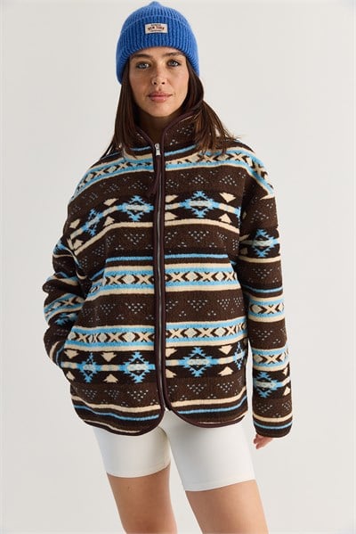 Kadın Desenli Dik Yaka Cep Detaylı Biyeli Fermuarlı Polar Sweatshirt 4219 60286646 - Kahverengi-Mavi