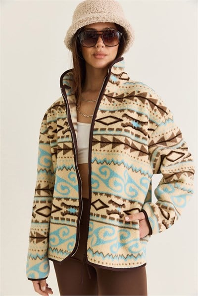 Kadın Desenli Dik Yaka Cep Detaylı Biyeli Fermuarlı Polar Sweatshirt 4219 60286646 - Krem-Kahverengi