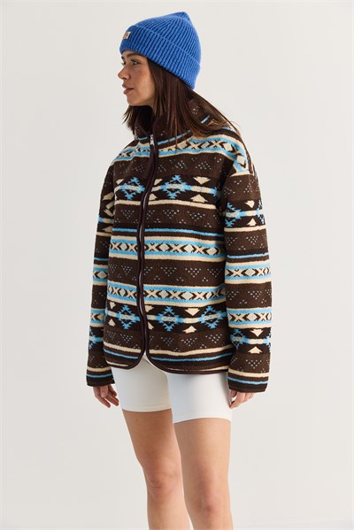 Kadın Desenli Dik Yaka Cep Detaylı Biyeli Fermuarlı Polar Sweatshirt 4219 60286646 - Kahverengi-Mavi