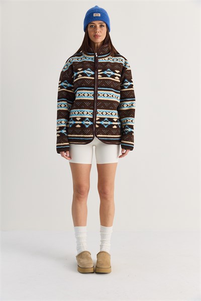 Kadın Desenli Dik Yaka Cep Detaylı Biyeli Fermuarlı Polar Sweatshirt 4219 60286646 - Kahverengi-Mavi