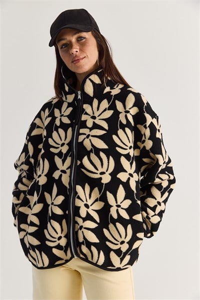 Kadın Desenli Dik Yaka Cep Detaylı Biyeli Fermuarlı Polar Sweatshirt 4219 60286646 - Siyah-Krem