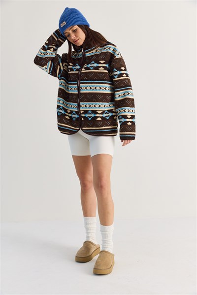 Kadın Desenli Dik Yaka Cep Detaylı Biyeli Fermuarlı Polar Sweatshirt 4219 60286646 - Kahverengi-Mavi