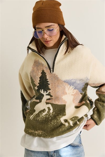 Kadın Desenli Dik Yaka Yarım Fermuarlı Cep Detaylı Oversize Polar Sweatshirt 60286655 - Krem-Yeşil