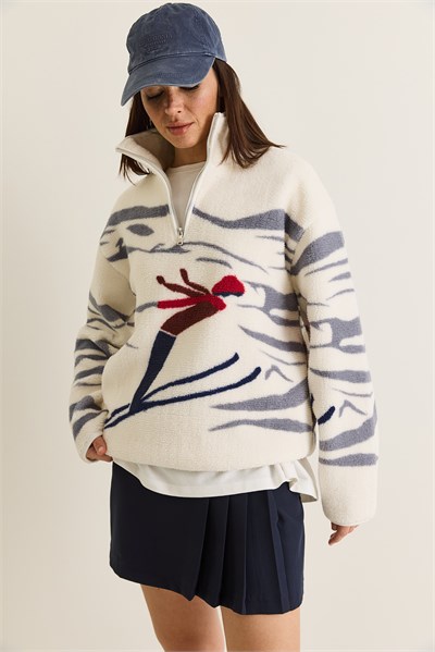 Kadın Desenli Dik Yaka Yarım Fermuarlı Cep Detaylı Oversize Polar Sweatshirt 60286655 - Beyaz-Gri