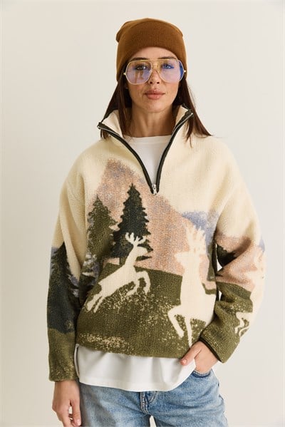 Kadın Desenli Dik Yaka Yarım Fermuarlı Cep Detaylı Oversize Polar Sweatshirt 60286655 - Krem-Yeşil