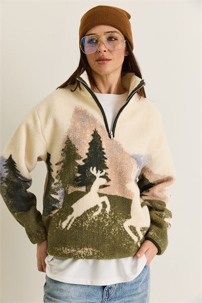 Kadın Desenli Dik Yaka Yarım Fermuarlı Cep Detaylı Oversize Polar Sweatshirt 60286655 - Krem-Yeşil