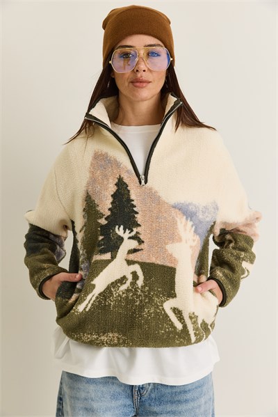 Kadın Desenli Dik Yaka Yarım Fermuarlı Cep Detaylı Oversize Polar Sweatshirt 60286655 - Krem-Yeşil