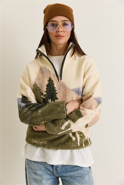 Kadın Desenli Dik Yaka Yarım Fermuarlı Cep Detaylı Oversize Polar Sweatshirt 60286655 - Krem-Yeşil