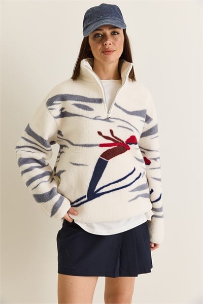 Kadın Desenli Dik Yaka Yarım Fermuarlı Cep Detaylı Oversize Polar Sweatshirt 60286655 - Beyaz-Gri