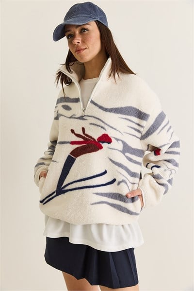 Kadın Desenli Dik Yaka Yarım Fermuarlı Cep Detaylı Oversize Polar Sweatshirt 60286655 - Beyaz-Gri