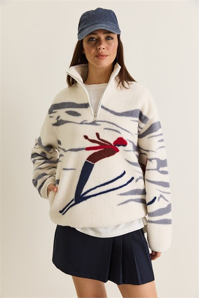 Kadın Desenli Dik Yaka Yarım Fermuarlı Cep Detaylı Oversize Polar Sweatshirt 60286655 - Beyaz-Gri