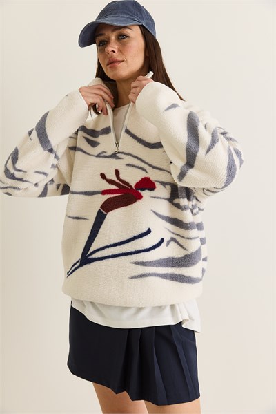 Kadın Desenli Dik Yaka Yarım Fermuarlı Cep Detaylı Oversize Polar Sweatshirt 60286655 - Beyaz-Gri