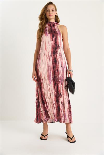Kadın Desenli Halter Yaka Astarlı Saten Dokulu Crush Elbise DE251059 60283419 - Pembe