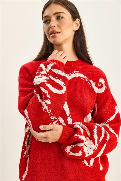 Kadın Desenli Oversize Triko Kazak TK251158 60283806 - Kırmızı-Ekru