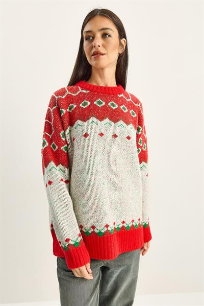 Kadın Desenli Oversize Triko Kazak TK251157 60283805 - Kırmızı-Ekru