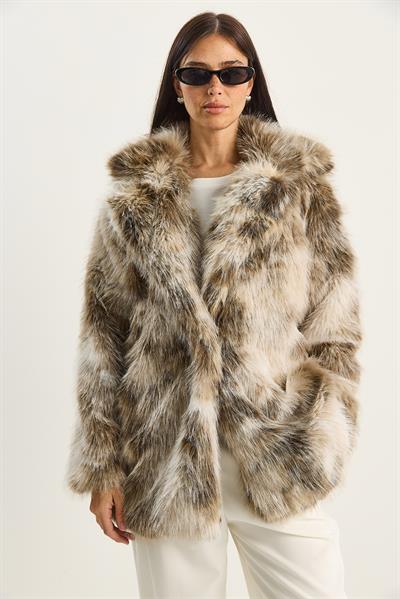 Kadın Desenli Yakalı Astarlı Ara Boy Suni Kürk Kaban 2851 60281124 - Bej-Kahve