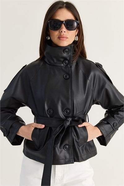 Kadın Dik Yaka Apoletli Kuşaklı Regular Fit Suni Deri Ceket 3178 60286513 - Siyah