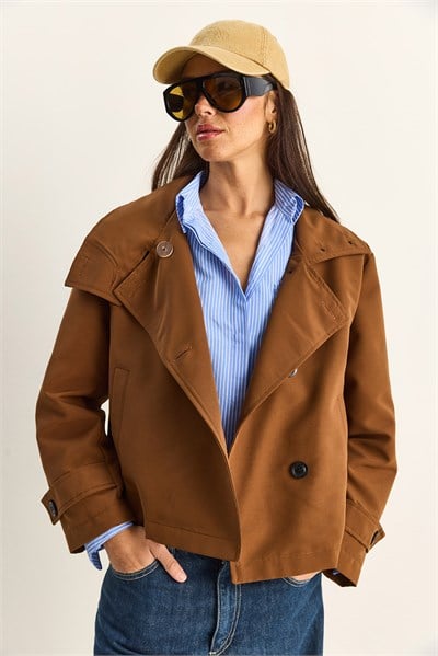 Kadın Dik Yaka Astarlı Cep Detaylı Kısa Trençkot 2081 60283980 - Taba DIŞ GİYİM modelleri