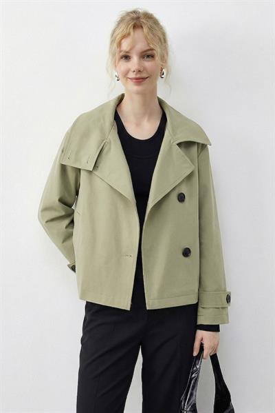 Kadın Dik Yaka Astarlı Cep Detaylı Kısa Trençkot 2081 60283980 - Haki