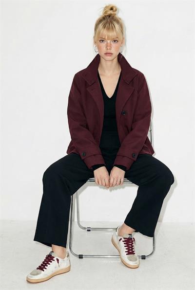 Kadın Dik Yaka Astarlı Cep Detaylı Kısa Trençkot 2081 60283980 - Bordo