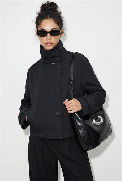 Kadın Dik Yaka Astarlı Cep Detaylı Kısa Trençkot 2081 60283980 - Siyah