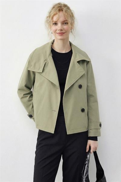 Kadın Dik Yaka Astarlı Cep Detaylı Kısa Trençkot 2081 60283980 - Haki