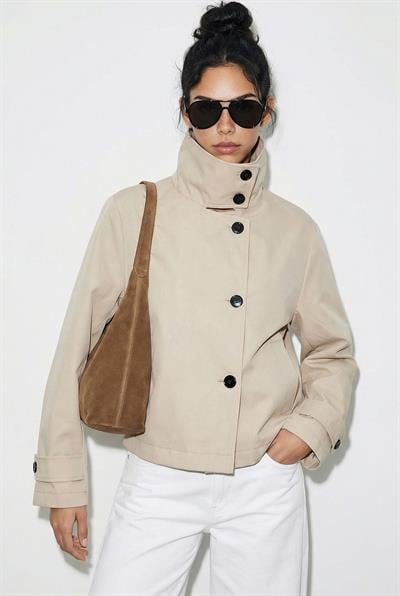 Kadın Dik Yaka Astarlı Cep Detaylı Kısa Trençkot 2081 60283980 - Açık Bej
