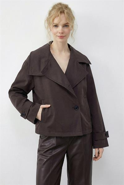 Kadın Dik Yaka Astarlı Cep Detaylı Kısa Trençkot 2081 60283980 - Kahverengi