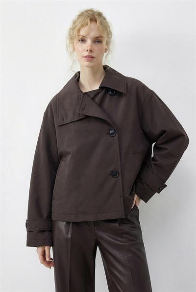 Kadın Dik Yaka Astarlı Cep Detaylı Kısa Trençkot 2081 60283980 - Kahverengi