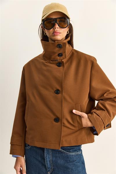 Kadın Dik Yaka Astarlı Cep Detaylı Kısa Trençkot 2081 60283980 - Taba