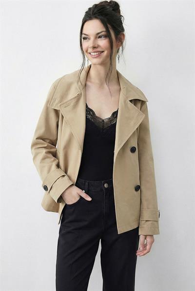 Kadın Dik Yaka Astarlı Cep Detaylı Kısa Trençkot 2081 60283980 - Bej