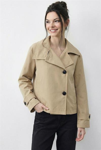 Kadın Dik Yaka Astarlı Cep Detaylı Kısa Trençkot 2081 60283980 - Bej