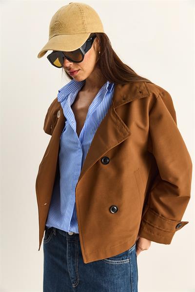 Kadın Dik Yaka Astarlı Cep Detaylı Kısa Trençkot 2081 60283980 - Taba